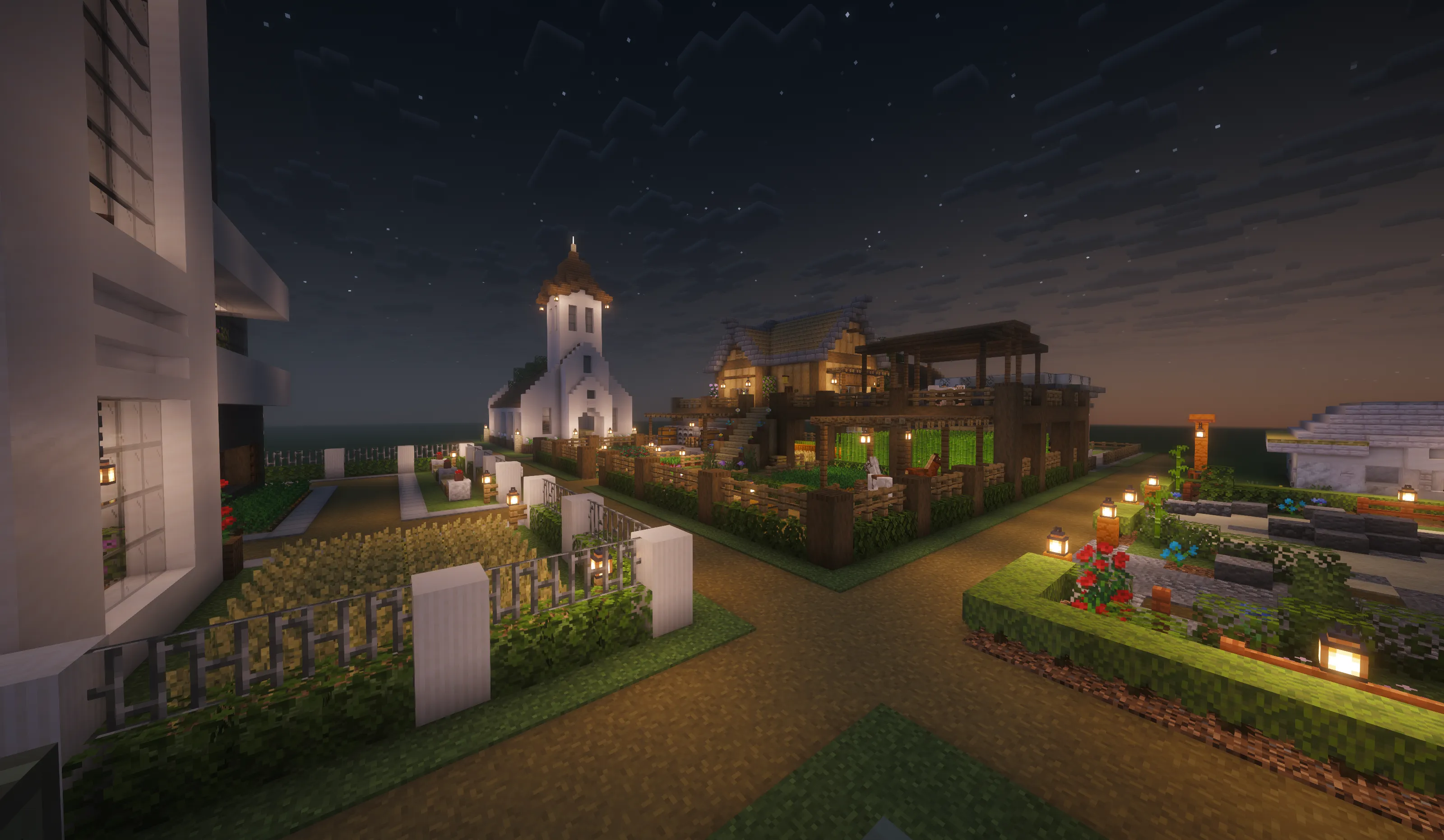 Modern house, small church, and farm structures connected by straight paths.
