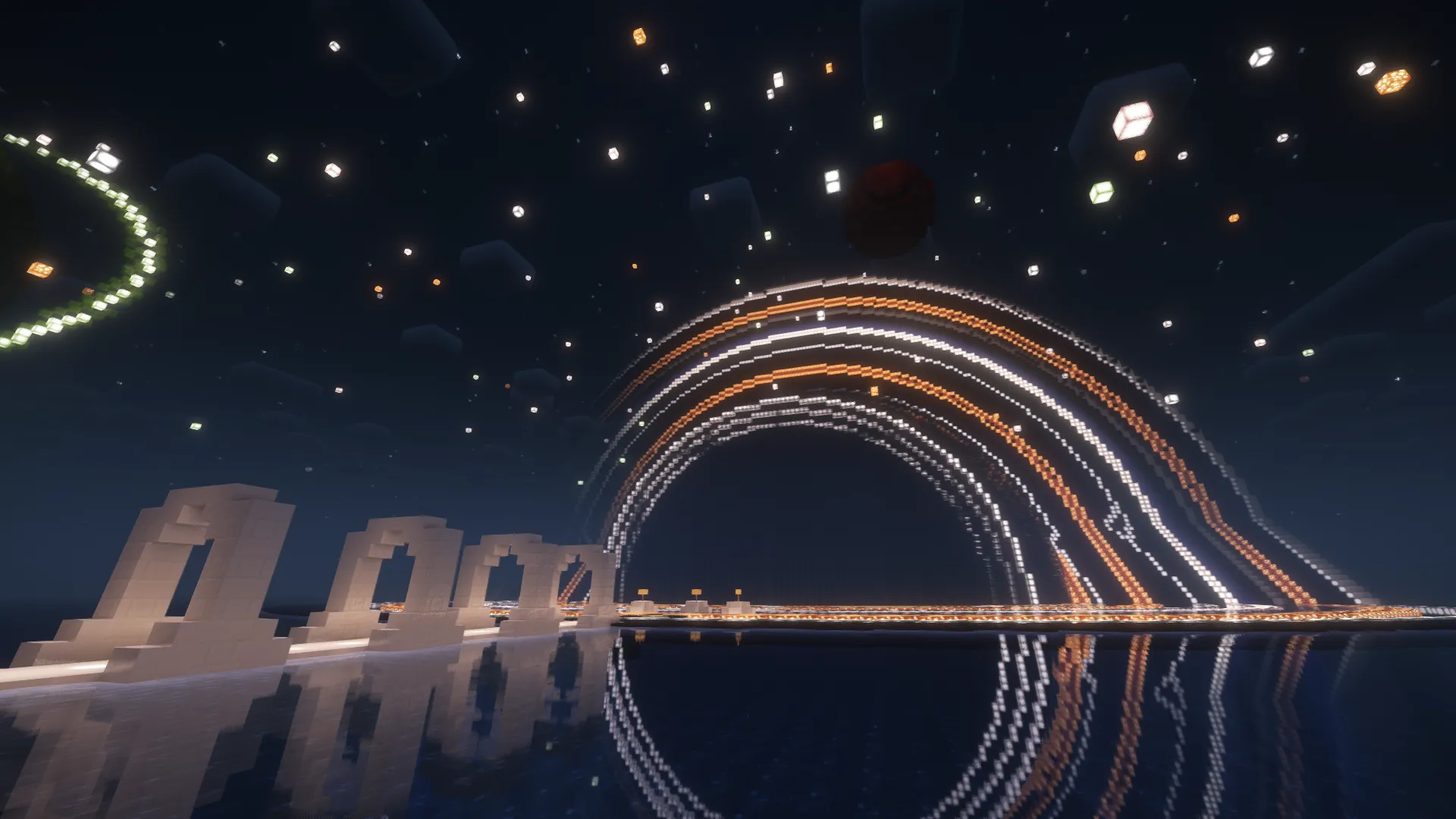 Black hole with black, white, and orange rings facing a quarts walkway in water in space.