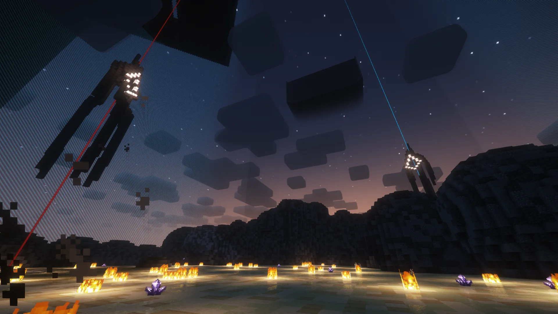 Flying nodes with color beacons in a rocky land engulfed in gems and fire.