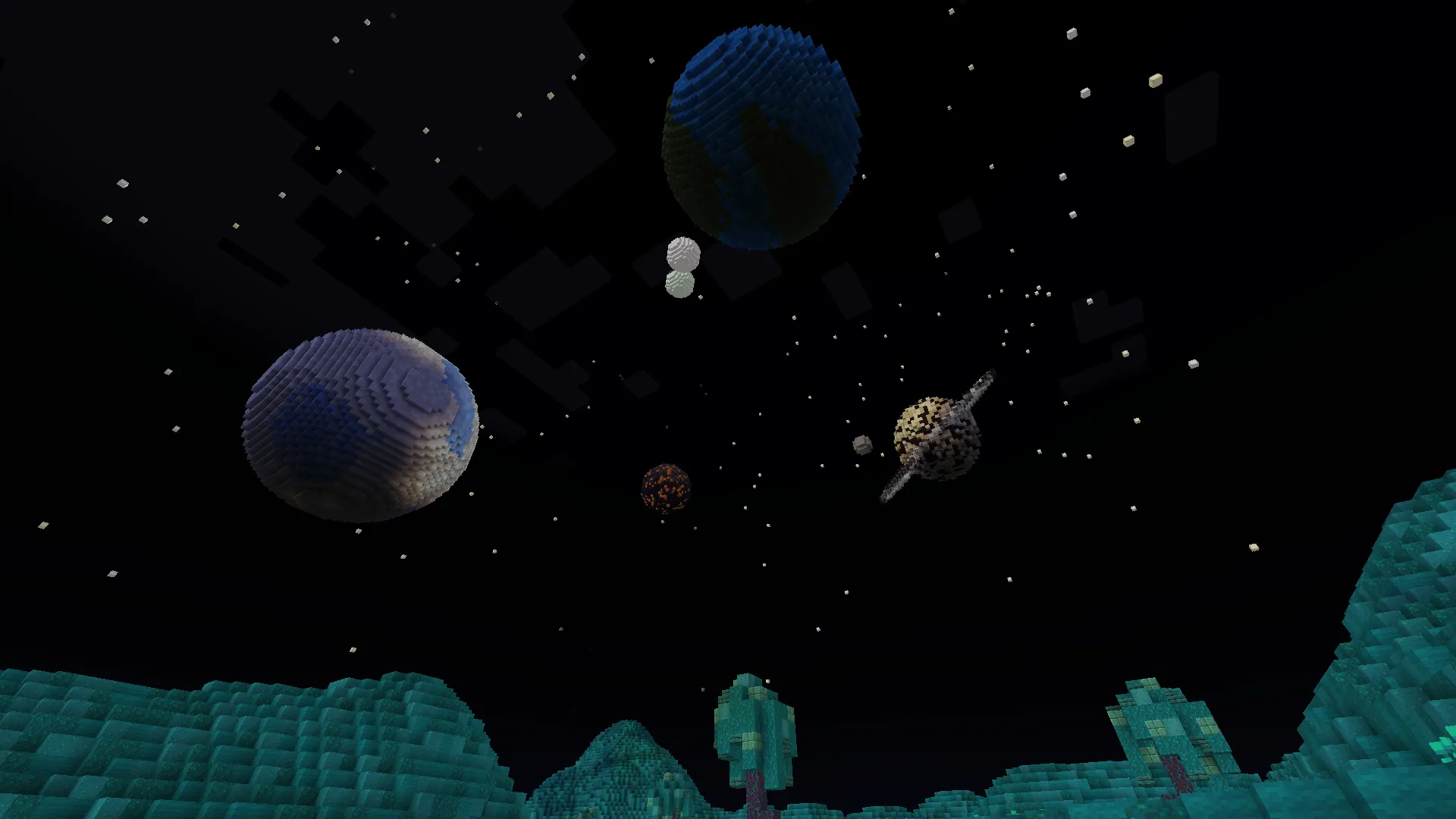 Multiple distinct planets sitting in space with stars above a cyan planet landscape.