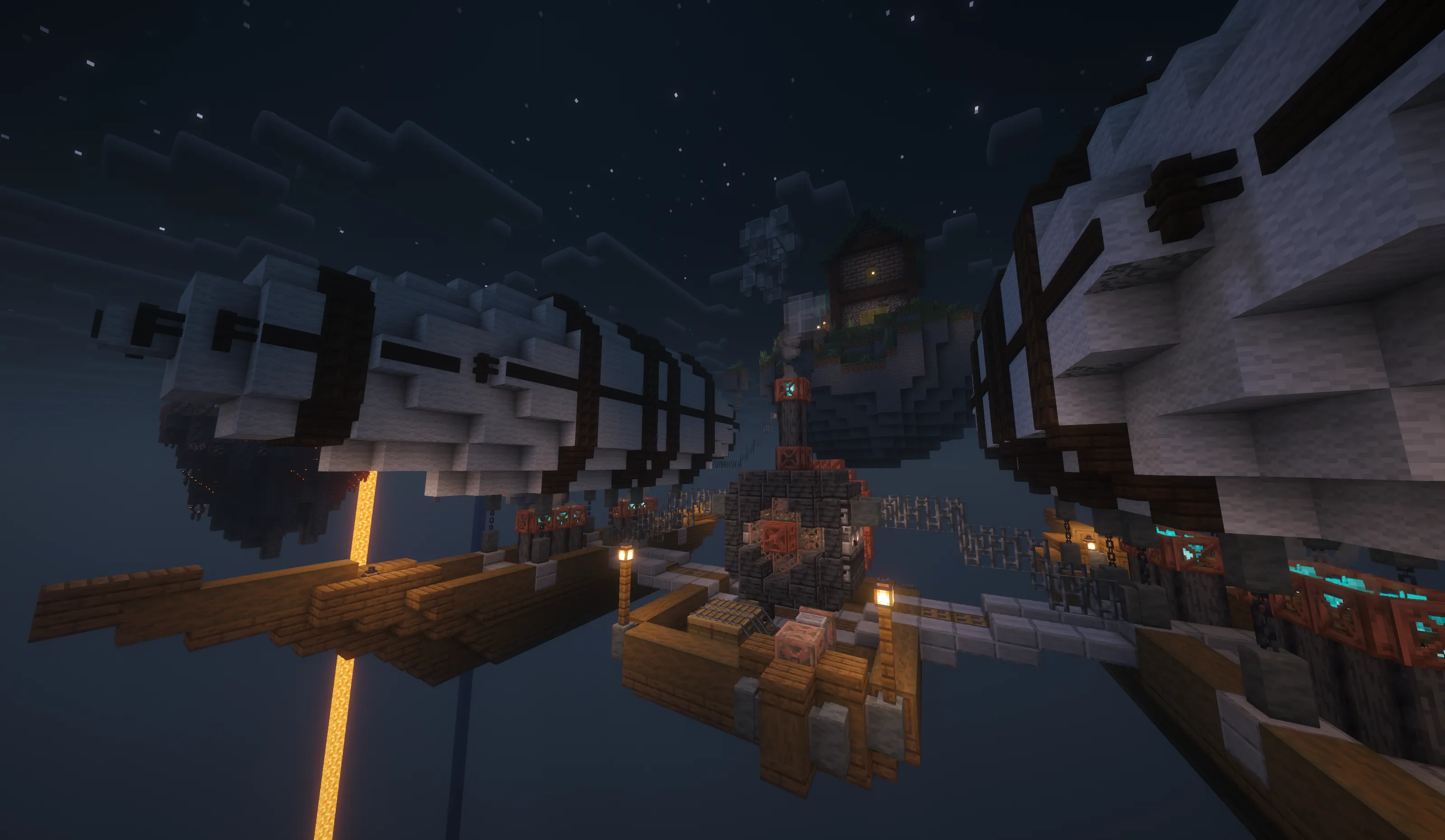 Two steampunk airships connected near a small house on a floating island.