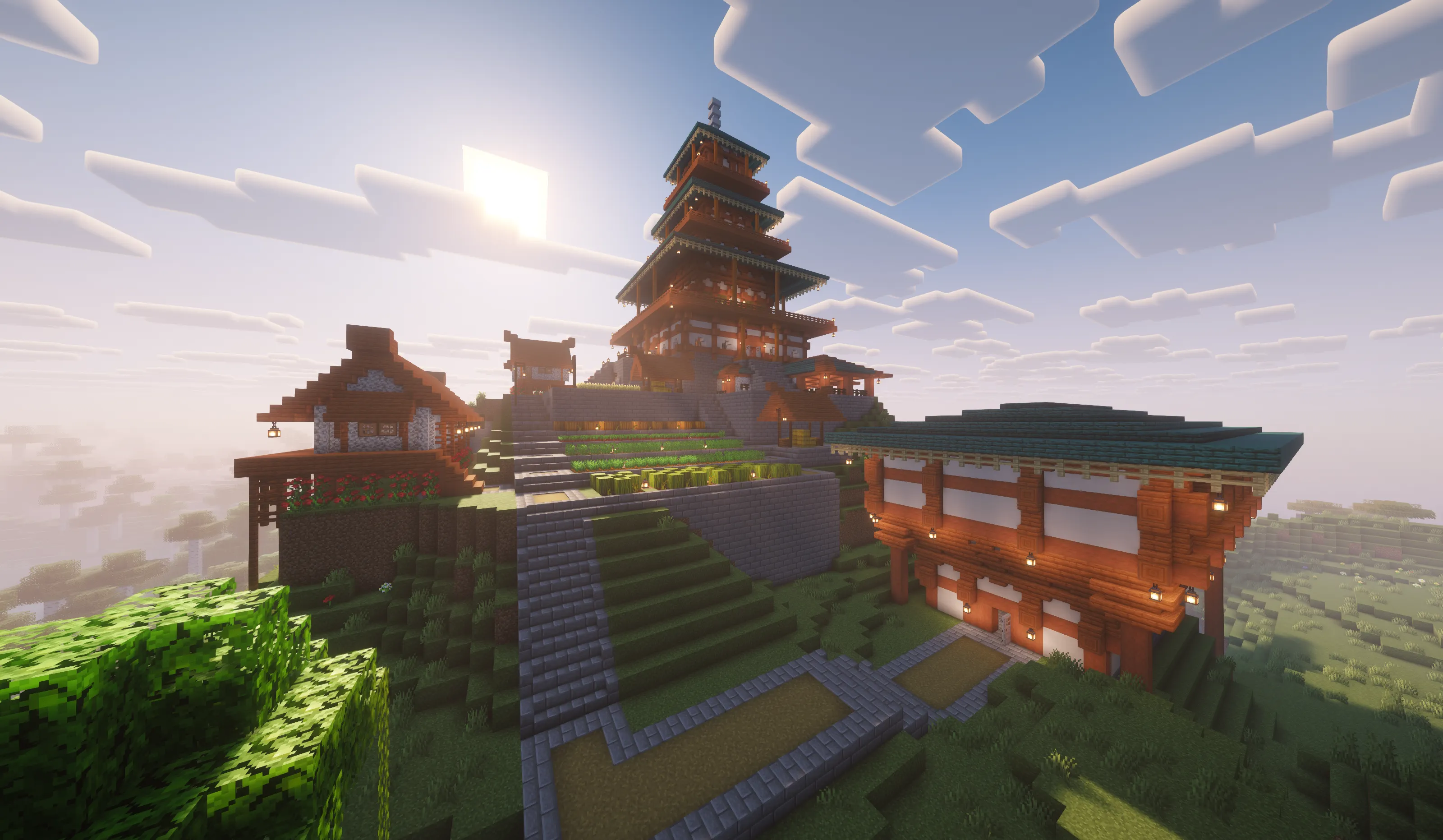 Asian-style temple with surrounding farm and village built with acacia, quartz, and warped planks.