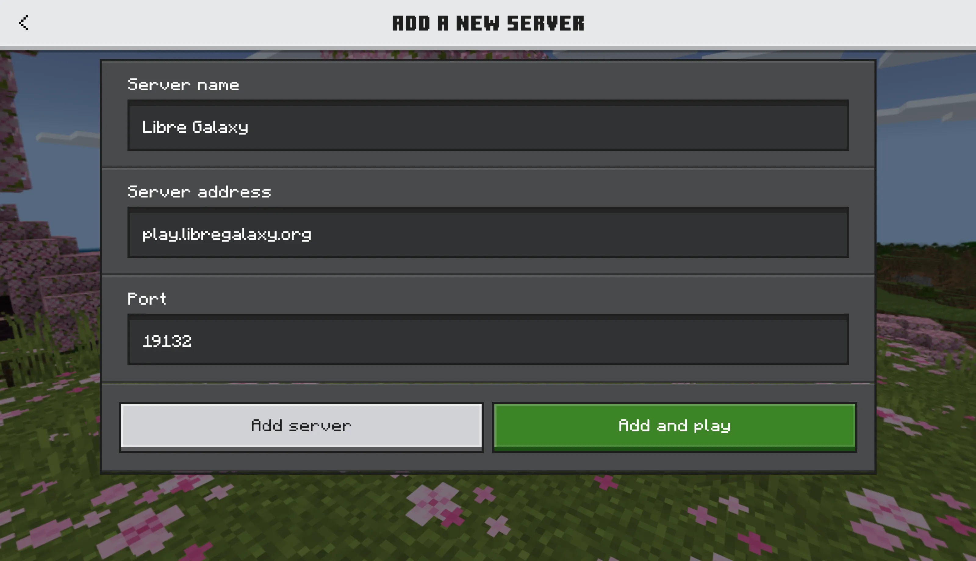 Bedrock Edition add server menu with Libre Galaxy details
